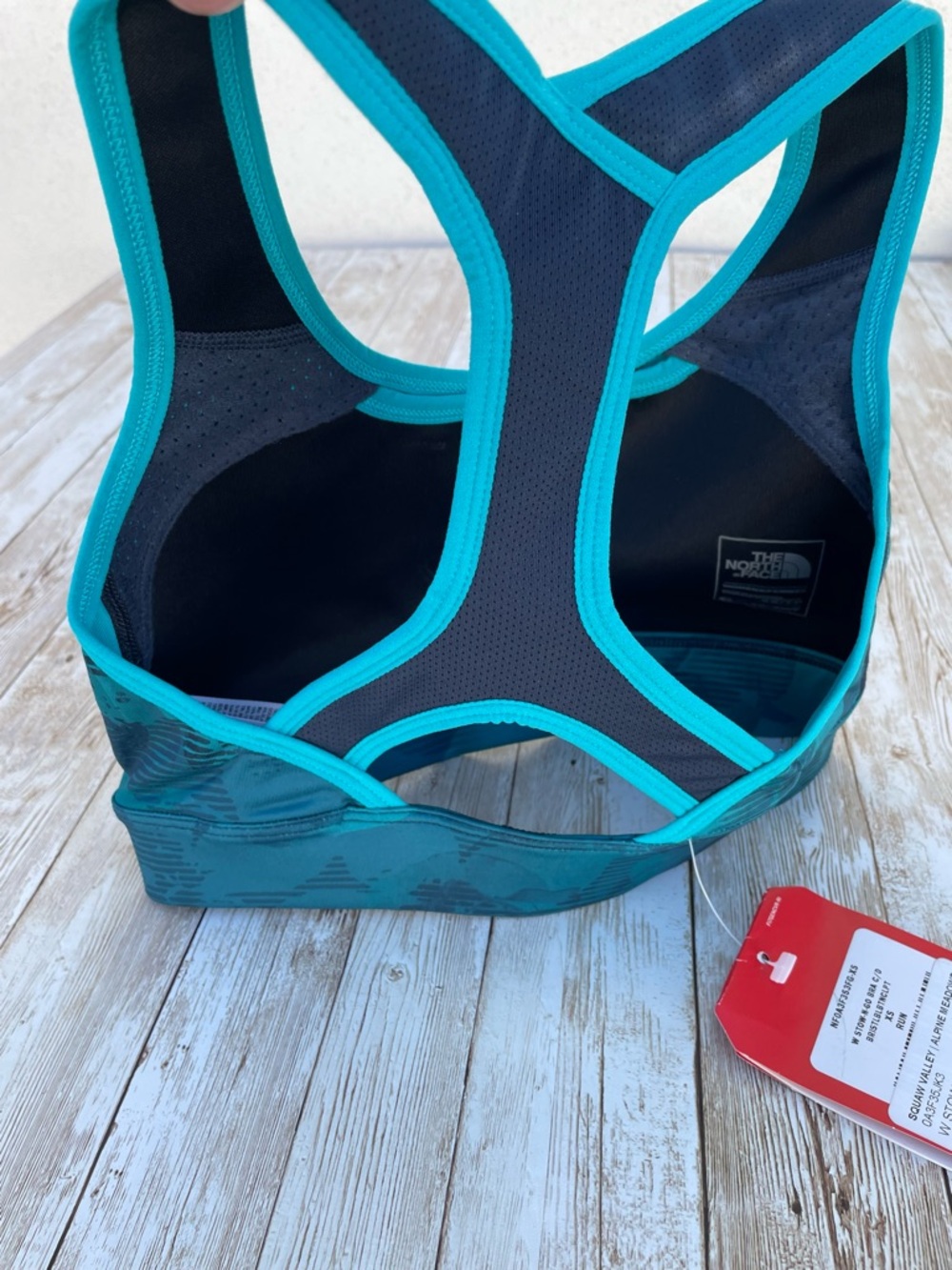 NEW North Face Stow-n-Go Phone Pocket Botanical Tropical Teal Blue Sports Bra XS - Picture 11 of 15